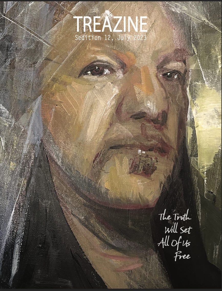 a magazine cover with an oil painting of the face of Julian Assange and the words The Truth Will Set Us Free
